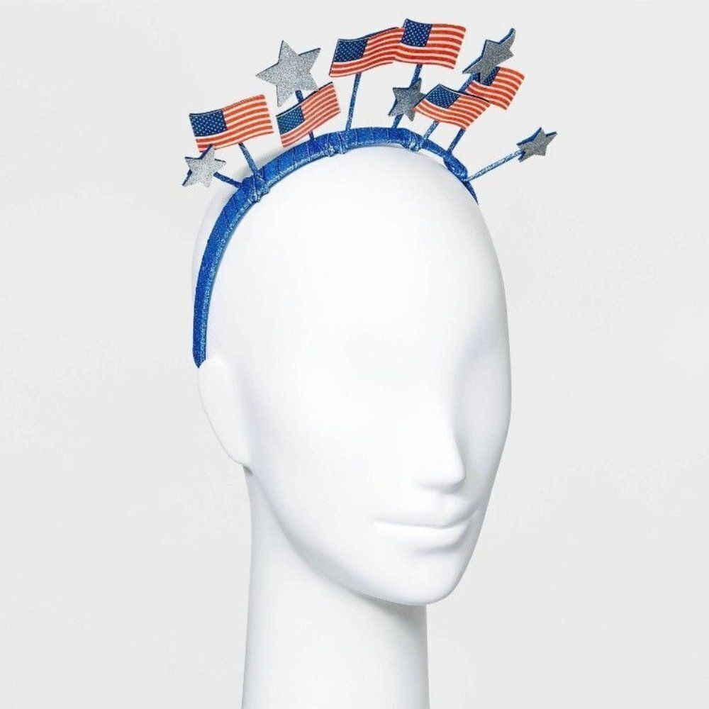 Girls Multicolor American Flag Star Ribbon Glitter Wrapped Headband